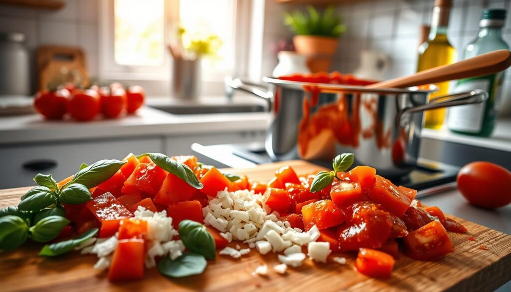 A vibrant kitchen scene featuring a fresh tomato sauce preparation. In the foreground, a wooden cutting board displays diced tomatoes, minced garlic, and fresh basil leaves. A stainless steel pot simmers in the middle, bubbling with a rich, red sauce. A wooden spoon rests on the edge, inviting the viewer to imagine the stir. On the counter, a few ripe tomatoes and a bottle of olive oil sit casually. The background showcases a well-lit kitchen with warm, natural light streaming through a window, creating an inviting atmosphere. The angle captures the scene at a slight tilt, enhancing a dynamic view. The overall mood is cozy and homely, perfect for illustrating a simple pasta sauce recipe. A vibrant kitchen scene featuring a fresh tomato sauce preparation. In the foreground, a wooden cutting board displays diced tomatoes, minced garlic, and fresh basil leaves. A stainless steel pot simmers in the middle, bubbling with a rich, red sauce. A wooden spoon rests on the edge, inviting the viewer to imagine the stir. On the counter, a few ripe tomatoes and a bottle of olive oil sit casually. The background showcases a well-lit kitchen with warm, natural light streaming through a window, creating an inviting atmosphere. The angle captures the scene at a slight tilt, enhancing a dynamic view. The overall mood is cozy and homely, perfect for illustrating a simple pasta sauce recipe.