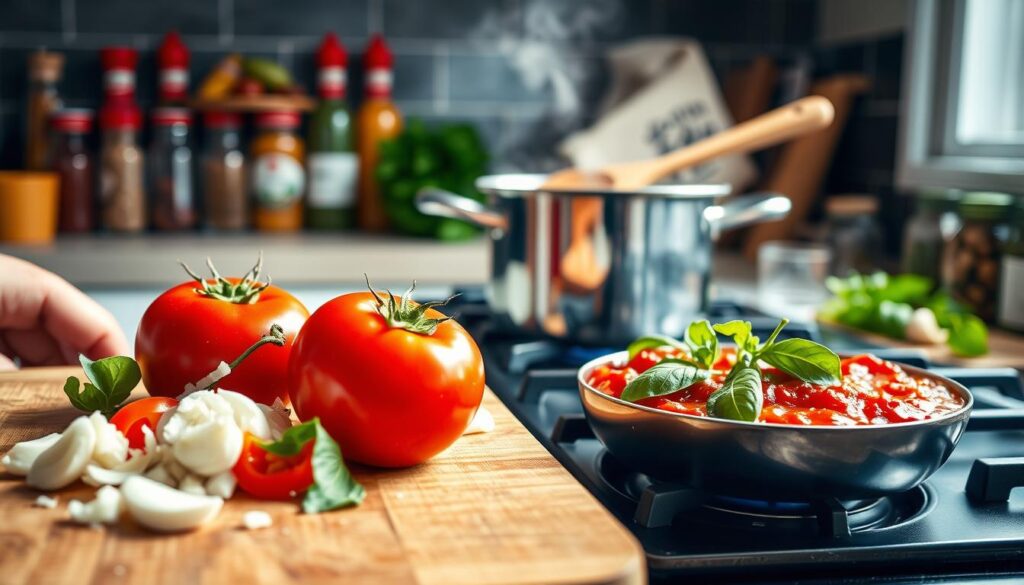 A vibrant kitchen scene featuring a person preparing a spicy tomato sauce. In the foreground, a wooden cutting board holds ripe red tomatoes, finely chopped garlic, and fresh green basil. The middle of the image showcases a stainless steel pot on a gas stove, with steam gently rising as the sauce simmers. A wooden spoon rests on the edge of the pot, catching the warm light from a nearby window. The background features neatly arranged spices in jars, adding pops of color and texture. The atmosphere is lively and inviting, with natural light streaming in, creating a cozy, homely feel. The focus is clear, highlighting the freshness of the ingredients while softening the edges for a warm, inviting effect.