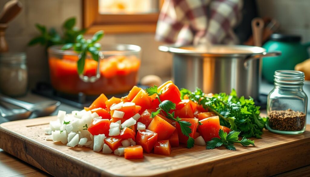 A vibrant kitchen scene featuring a quick recipe for a traditional tomato sauce suitable for stuffed cabbage. In the foreground, a rustic wooden cutting board holds chopped tomatoes, diced onions, and a sprinkle of fresh herbs, with a steaming pot of bubbling sauce in the background. A set of measuring spoons and a small glass jar filled with spices add detail to the scene. Natural light streams through a window, illuminating the ingredients and casting soft shadows. The mood is warm and inviting, reminiscent of family cooking time. Overall, the composition conveys a sense of homey simplicity, suggesting a dish that is both comforting and quick to prepare.