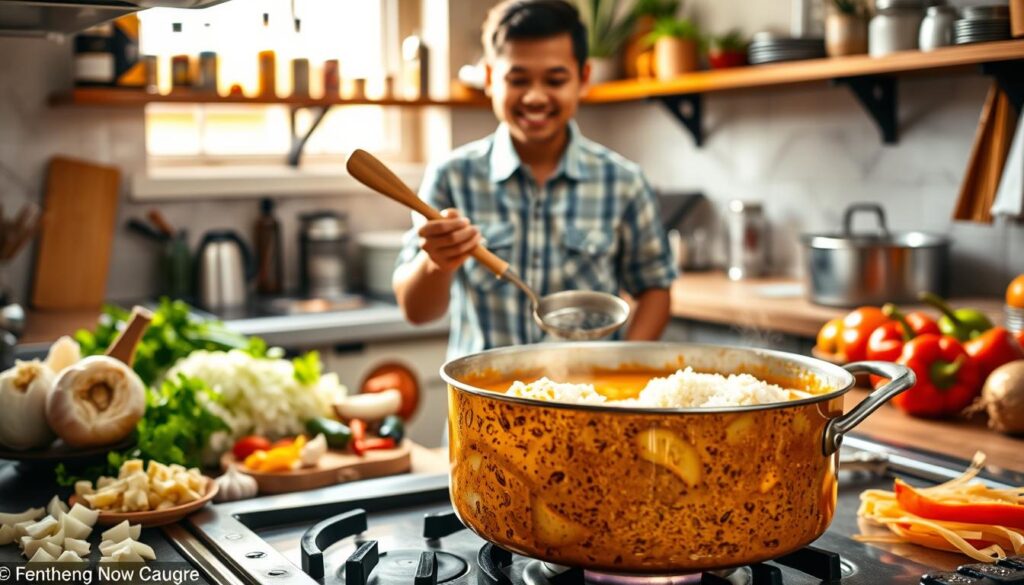 A vibrant kitchen scene featuring a step-by-step visual guide to making a coconut milk curry sauce for rice. The foreground showcases a large pot filled with a rich, golden curry sauce simmering on the stove, with fresh ingredients such as chopped onions, garlic, ginger, and colorful bell peppers surrounding it. In the middle ground, a person in a modest casual outfit, skillfully stirring the sauce with a wooden spoon and enjoying the cooking process. The background reveals shelves lined with spices and a warm, inviting kitchen atmosphere. Soft, natural lighting filters through a window, casting a cozy glow on the scene, emphasizing the rich textures and colors of the ingredients. The overall mood is warm and inviting, perfect for a quick, delicious meal preparation.