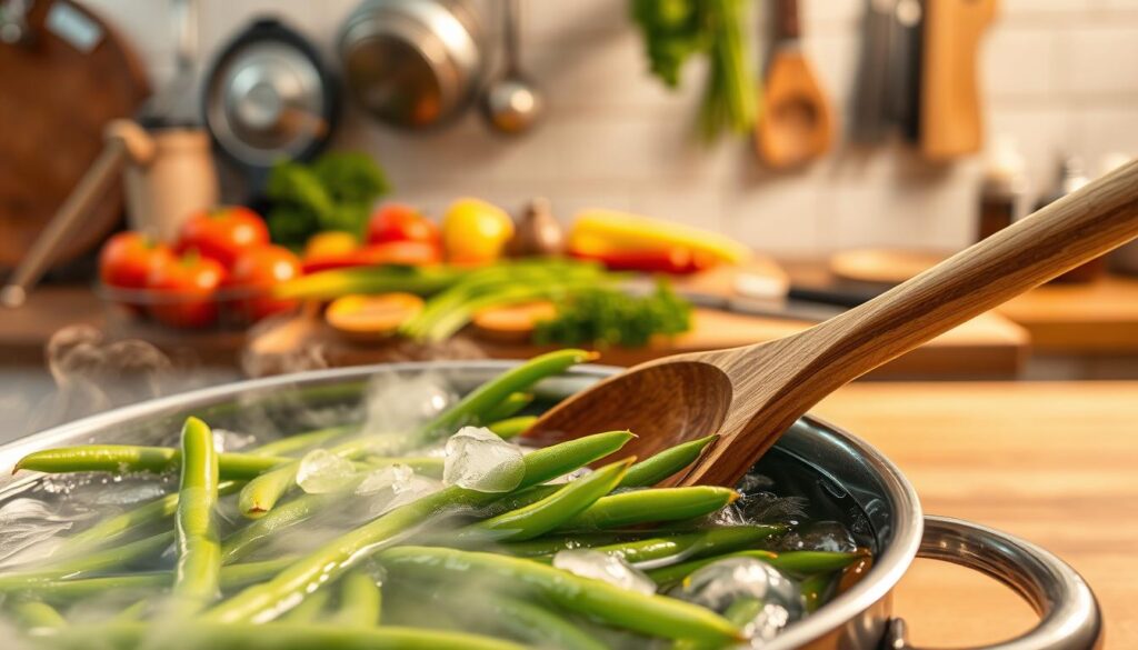 A vibrant kitchen scene featuring fresh yellow green beans being blanched in a pot of boiling water. In the foreground, a close-up of a wooden spoon gently stirring the beans, with steam rising from the pot, creating a sense of warmth. The middle layer shows a colorful array of fresh vegetables and herbs on a rustic wooden countertop, with an elegant knife and cutting board nearby. The background displays a softly lit kitchen with hanging pots and pans, adding a cozy atmosphere. The lighting is warm and inviting, invoking a homely feel. Use a shallow depth of field to keep the focus on the beans while creating a soft bokeh effect around the kitchen utensils. The overall mood is one of culinary warmth and preparation. A vibrant kitchen scene featuring fresh yellow green beans being blanched in a pot of boiling water. In the foreground, a close-up of a wooden spoon gently stirring the beans, with steam rising from the pot, creating a sense of warmth. The middle layer shows a colorful array of fresh vegetables and herbs on a rustic wooden countertop, with an elegant knife and cutting board nearby. The background displays a softly lit kitchen with hanging pots and pans, adding a cozy atmosphere. The lighting is warm and inviting, invoking a homely feel. Use a shallow depth of field to keep the focus on the beans while creating a soft bokeh effect around the kitchen utensils. The overall mood is one of culinary warmth and preparation.