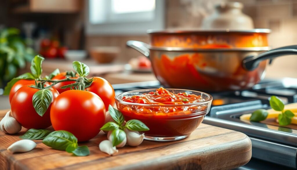 A vibrant kitchen scene focused on a delicious fresh tomato sauce for spaghetti. In the foreground, a wooden cutting board is adorned with ripe, red tomatoes, fresh basil leaves, garlic cloves, and a shimmering glass bowl filled with the sauce, showing its rich, deep red color, with visible herbs. The middle ground features a rustic cooking pan simmering on a stove, with steam rising gently, indicating warmth and comfort. In the background, soft, natural sunlight pours through a window, casting a warm glow on the kitchen, enhancing the inviting atmosphere. The image is captured from a slightly elevated angle to showcase the ingredients beautifully, emphasizing the freshness and home-cooked appeal of the recipe.