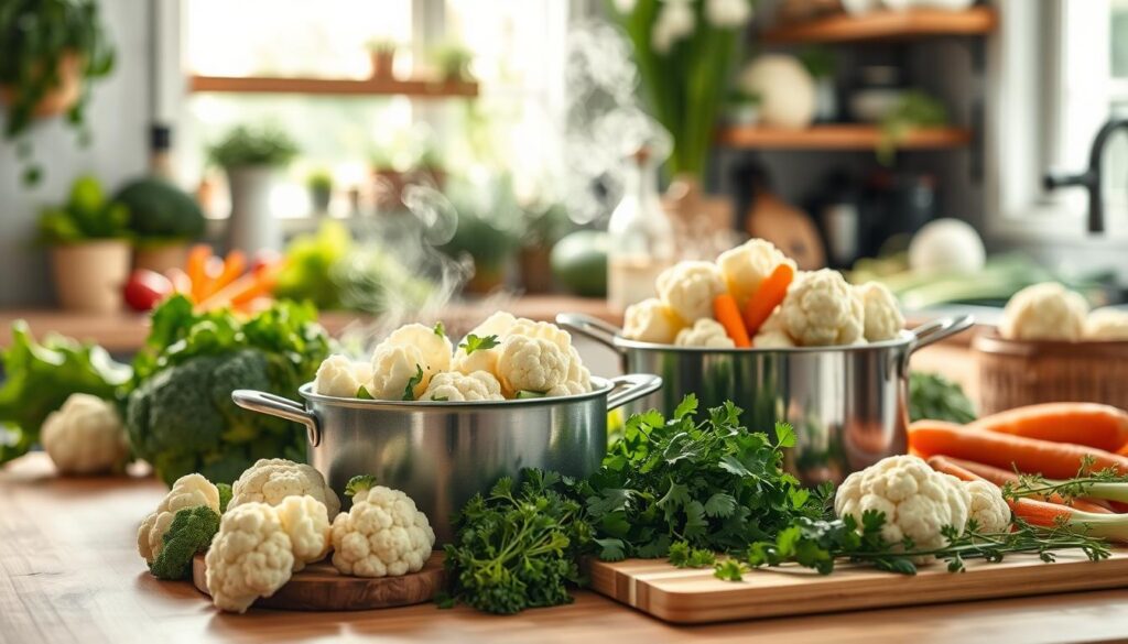 A vibrant kitchen scene focusing on an array of fresh vegetables, including broccoli, carrots, and cauliflower, displayed prominently on a wooden countertop. In the foreground, a steaming pot of lightly boiled cauliflower florets sits next to a steaming pot of vegetables, showcasing their vibrant colors. In the middle, a cutting board with various fresh herbs lies nearby, emphasizing the importance of nutritious cooking methods. The background features a softly lit kitchen with greenery and fresh ingredients in view, conveying a warm and inviting atmosphere. Natural sunlight filters through a window, creating a bright and airy ambiance. The composition captures the essence of preserving nutritional value, with attention to detail and freshness in a serene cooking environment.