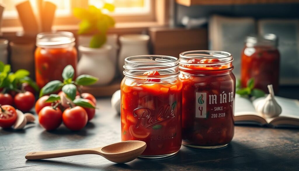 A vibrant kitchen scene showcasing a rustic countertop filled with jars of homemade Italian sauce, featuring rich red tomato sauce with basil and garlic, glistening under warm, natural light. In the foreground, a wooden spoon rests beside an open jar, highlighting the fresh, chunky texture of the sauce. The middle ground includes fresh ingredients like ripe tomatoes, basil leaves, and garlic cloves artfully arranged, creating an inviting and wholesome atmosphere. In the background, a traditional Italian recipe book is partially visible, adding context without distraction. Soft shadows and highlights enhance the image’s depth, evoking a cozy and homemade feel, perfect for illustrating the joy of preparing Italian sauce for preservation.