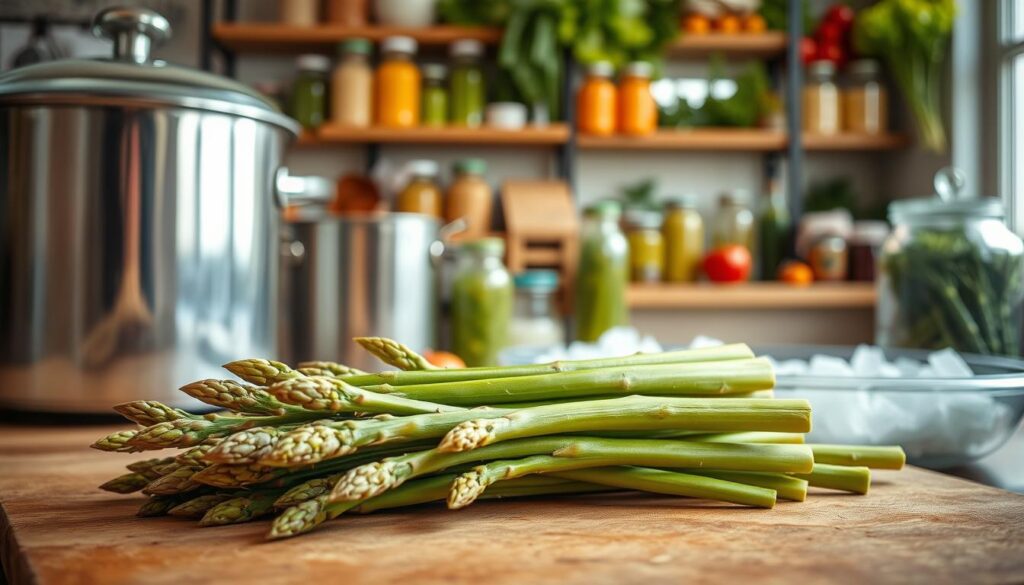A vibrant kitchen scene showcasing fresh, green asparagus suitable for freezing. In the foreground, a close-up of a bunch of harvested asparagus, their tips slightly glistening with moisture, resting on a wooden cutting board. The middle ground features an organized array of kitchen utensils, like a large pot of boiling water for blanching and an ice bath nearby, creating an atmosphere of preparation. The background contains shelves filled with jars and fresh vegetables, all illuminated by soft, natural light streaming in from a nearby window, which highlights the freshness and color of the asparagus. The entire scene conveys a sense of homey warmth and culinary expertise, inspiring confidence in preserving seasonal produce.