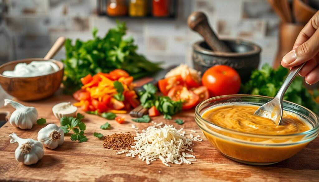 A vibrant kitchen scene showcasing the preparation of a homemade tortilla sauce, featuring a wooden cutting board with fresh ingredients such as garlic cloves, a bowl of creamy yogurt, diced tomatoes, and shredded cheese. The foreground highlights a hand mixing the ingredients in a bowl, creating a textured sauce. In the middle, an array of colorful herbs like cilantro and spices are laid out, along with a knife and mortar. The background includes soft-focus kitchen elements like a rustic shelf with spices and utensils, all bathed in warm, inviting lighting to create a cozy atmosphere. The image should feel fresh and appetizing, emphasizing the home-cooking experience without any text or distractions. A vibrant kitchen scene showcasing the preparation of a homemade tortilla sauce, featuring a wooden cutting board with fresh ingredients such as garlic cloves, a bowl of creamy yogurt, diced tomatoes, and shredded cheese. The foreground highlights a hand mixing the ingredients in a bowl, creating a textured sauce. In the middle, an array of colorful herbs like cilantro and spices are laid out, along with a knife and mortar. The background includes soft-focus kitchen elements like a rustic shelf with spices and utensils, all bathed in warm, inviting lighting to create a cozy atmosphere. The image should feel fresh and appetizing, emphasizing the home-cooking experience without any text or distractions.