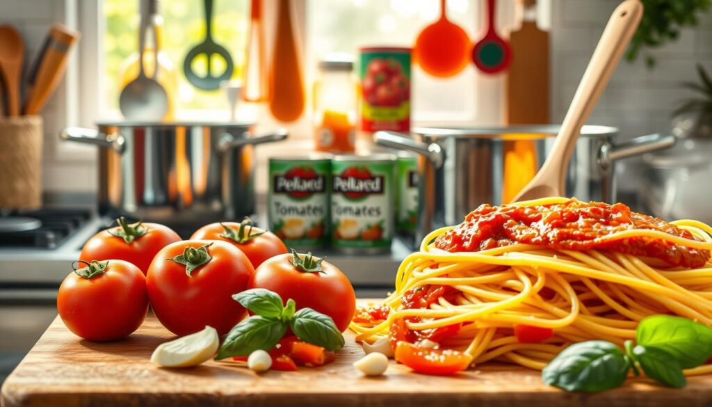 A vibrant kitchen scene showcasing the preparation of a tomato sauce for spaghetti. In the foreground, a wooden cutting board with fresh, ripe tomatoes, chopped garlic, and a few basil leaves. A shiny pot on a burner is simmering, with steam gently rising. In the middle, there are cans of peeled tomatoes, olive oil, and spices neatly arranged, with a wooden spoon partially submerged in the sauce. The background features a sunlit window with colorful kitchen utensils hanging, giving a warm and inviting atmosphere. The lighting is bright and natural, emphasizing the freshness of the ingredients. Capture the essence of a home cooking experience, focusing on the freshness and richness of the tomato sauce ingredients.