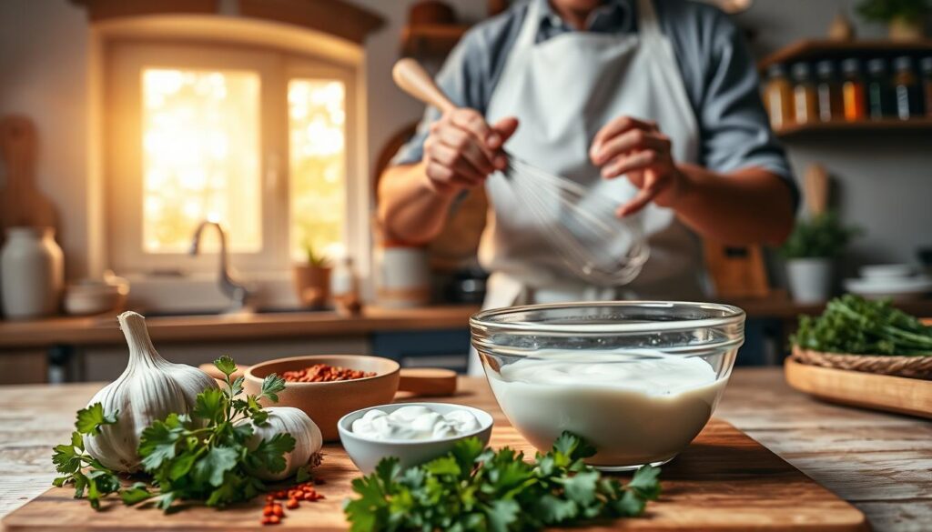 A vibrant kitchen scene showcasing the process of making traditional Turkish kebab sauce. In the foreground, a cutting board is adorned with fresh garlic, vibrant green herbs like parsley, and a bowl of creamy yogurt. A wooden spoon rests beside a small bowl of chili flakes. The middle ground focuses on a chef, dressed in a modest white apron, expertly mixing the ingredients with a whisk in a glass bowl, their expression intent and focused. In the background, soft golden light filters through a window, illuminating rustic kitchen decor and a few colorful spices on shelves. The atmosphere feels warm and inviting, suggesting a homey cooking experience. The overall composition captures the essence of making kebab sauce from scratch, emphasizing freshness and culinary passion. A vibrant kitchen scene showcasing the process of making traditional Turkish kebab sauce. In the foreground, a cutting board is adorned with fresh garlic, vibrant green herbs like parsley, and a bowl of creamy yogurt. A wooden spoon rests beside a small bowl of chili flakes. The middle ground focuses on a chef, dressed in a modest white apron, expertly mixing the ingredients with a whisk in a glass bowl, their expression intent and focused. In the background, soft golden light filters through a window, illuminating rustic kitchen decor and a few colorful spices on shelves. The atmosphere feels warm and inviting, suggesting a homey cooking experience. The overall composition captures the essence of making kebab sauce from scratch, emphasizing freshness and culinary passion.