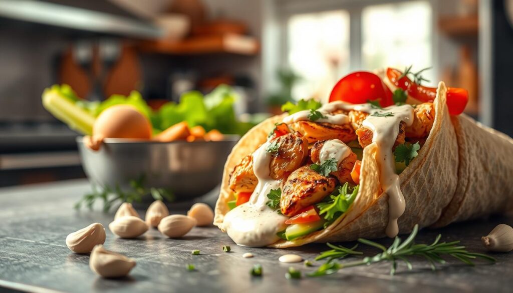 A vibrant kitchen scene showcasing the use of garlic sauce in various culinary applications. In the foreground, a beautifully presented wrap filled with grilled chicken, fresh vegetables, and drizzled with creamy garlic sauce, garnished with herbs. The middle ground features a bowl of freshly made garlic sauce, with cloves and herbs scattered artistically around it. In the background, an inviting kitchen setting with soft, natural lighting filtering through a window, enhancing the warm, homely atmosphere. The focus should be on the textures and colors of the food, with a slight depth of field to blur the background, creating an appealing and mouth-watering composition. The overall mood should feel fresh and appetizing, ideal for showcasing the versatility of garlic sauce in cooking.