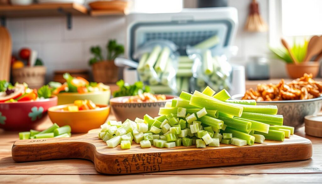 A vibrant kitchen scene showcasing various applications of frozen celery sticks. In the foreground, a rustic wooden cutting board holds neatly chopped celery, glistening with condensation. Surrounding it are colorful bowls filled with prepared dishes, including a fresh salad, a creamy soup, and a crispy stir-fry, highlighting the versatility of celery in cooking. In the middle, a partially open freezer reveals neatly packaged bags of blanched celery, emphasizing the storage process. The background features bright, natural lighting streaming through a window, creating an inviting atmosphere. Use a soft focus effect to enhance the culinary theme while maintaining clarity on the celery and dishes. Aim for a warm, homey mood that encourages healthy eating and meal preparation.