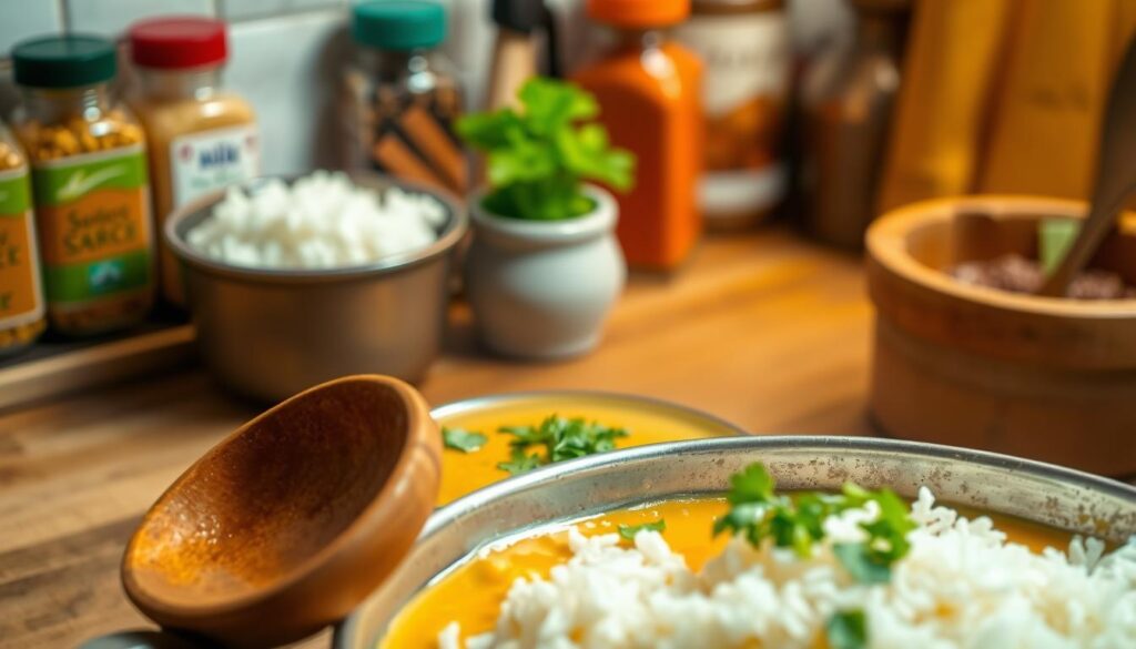 A vibrant kitchen setting, presenting a close-up view of a saucepan filled with creamy curry sauce, the sauce shimmering with warm golden hues. Fresh herbs like cilantro and green onions are scattered on top, enhancing the visual appeal. In the foreground, a wooden spoon rests against the edge of the pan, while behind it, a bowl of fluffy white rice awaits to be drizzled with the curry sauce. The background showcases a rustic kitchen countertop with spices in colorful jars and a small pot of curry leaves, bathed in soft, warm lighting to create a cozy atmosphere. The angle is slightly tilted, giving a dynamic perspective that draws the viewer’s eye towards the luscious sauce, inviting them to explore the recipe.