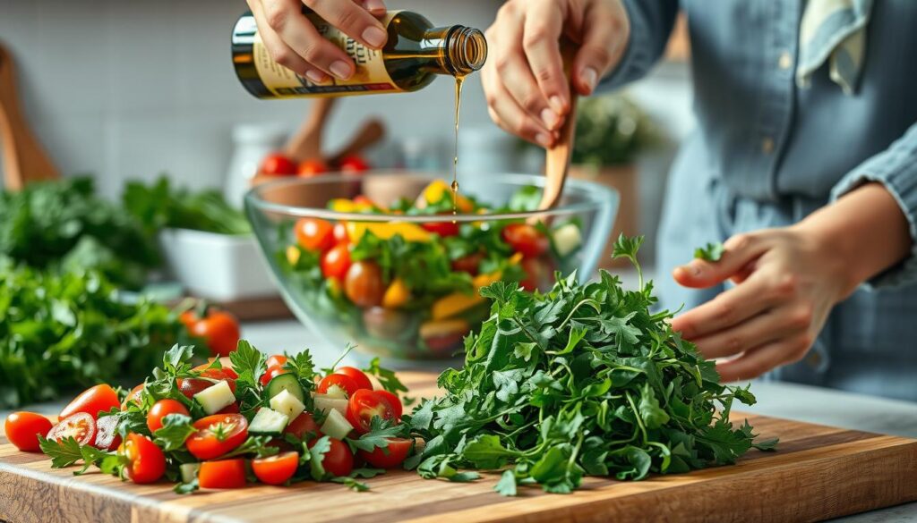 A vibrant kitchen setting where fresh, thawed arugula is being used in a salad preparation. In the foreground, a wooden cutting board showcases meticulously chopped arugula alongside colorful vegetables like cherry tomatoes, cucumbers, and bell peppers, all glistening with moisture. A pair of hands, dressed in modest, casual attire, sprinkle olive oil and balsamic vinegar over the ingredients. In the middle ground, a large glass salad bowl holds the vibrant mix, with a wooden fork resting beside it. The background features soft, ambient kitchen lighting that highlights the freshness of the ingredients, while herbs and a few spices are seen on the shelves, creating a warm, inviting atmosphere. The composition should evoke a sense of home cooking and healthy eating.
