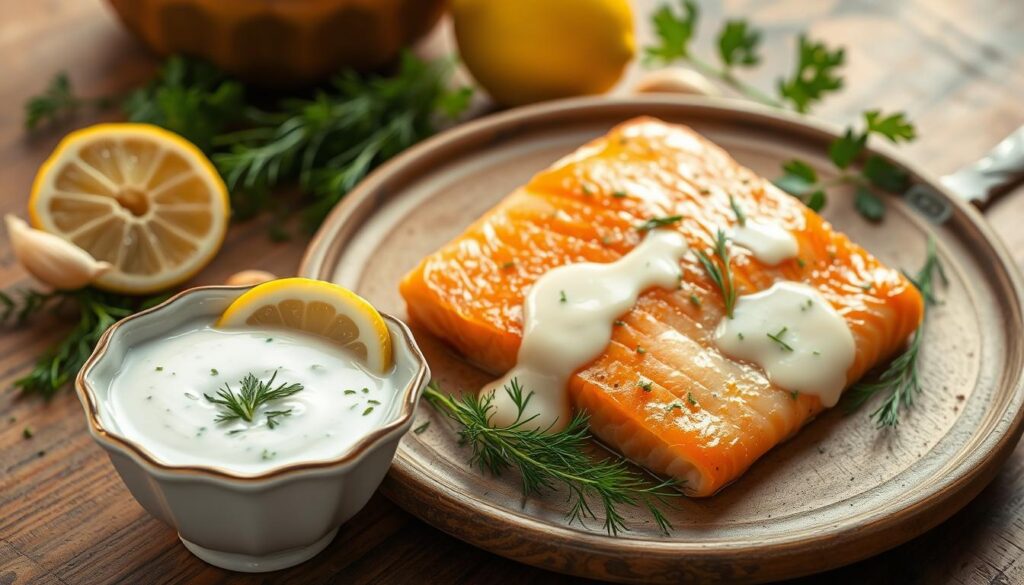 A vibrant, mouth-watering scene featuring a quick salmon sauce prepared and ready for serving. In the foreground, a small, elegant bowl filled with a creamy, lemon-dill sauce, garnished with fresh herbs and a slice of lemon. In the middle, a beautifully cooked piece of salmon, glistening with the sauce drizzled over it. Surrounding the dish are fresh ingredients, including sprigs of dill, a halved lemon, and a hint of garlic, creating an inviting atmosphere. The background consists of a rustic wooden table, softly illuminated by warm, natural light that gives a cozy feel to the setting. Capture the essence of a quick, delicious meal that's perfect for any occasion.