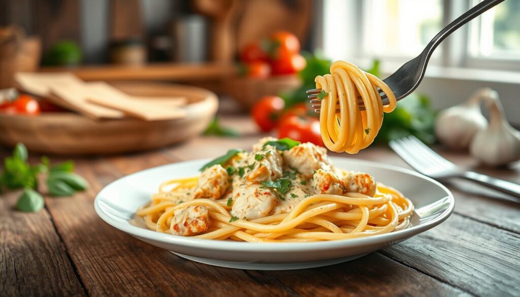 A vibrant plate of pasta served with a light, creamy chicken sauce, featuring tender pieces of grilled chicken and fresh herbs, such as basil and parsley, delicately scattered on top. The foreground showcases the pasta twirled elegantly on a fork, glistening with the sauce's sheen. In the middle, the plate rests on a rustic wooden table, with subtle textures enhancing the warmth of the scene. The background features a softly blurred kitchen ambiance, with hints of fresh ingredients like tomatoes and garlic. The lighting is bright and natural, streaming in from a nearby window, creating a warm and inviting atmosphere. The overall mood is healthy, fresh, and appetizing, perfect for showcasing a fit meal option.