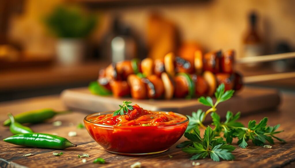 A vibrant, rich red sauce for kebabs, garnished with bright green chili peppers and bits of fresh herbs. In the foreground, a small dish of the sauce is placed on a rustic wooden table, surrounded by whole chili peppers and a few scattered herbs. In the middle ground, a blurred, appetizing kebab on a skewer can be seen, hinting at the sauce’s purpose. The background is softly out of focus, featuring a warm, inviting kitchen setting with ambient golden lighting to enhance the rich colors of the sauce. The atmosphere is cozy and inviting, perfect for a culinary exploration. Capture the textures of the sauce to reflect its spiciness and freshness, using a shallow depth of field to focus on the foreground elements.