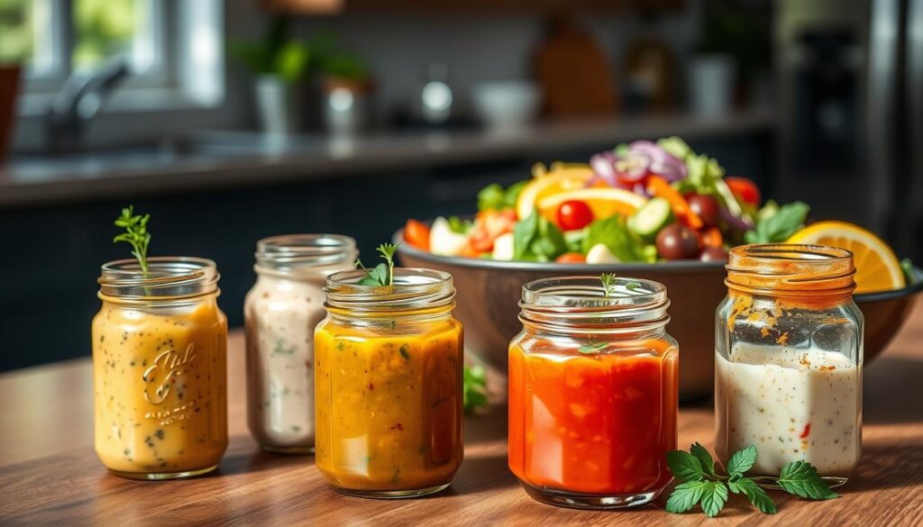 A vibrant salad dressing scene showcasing various creative salad sauces in elegant glass jars, beautifully arranged on a wooden table. In the foreground, focus on a rich, creamy dressing with herbs, a tangy vinaigrette, and a zesty citrus sauce, all garnished with fresh herbs and spices. In the middle ground, colorful salads adorned with fresh vegetables and greens complement the sauces, adding texture and depth. The background features a softly blurred kitchen setting with natural light streaming in, casting gentle shadows and highlighting the freshness of the ingredients. The mood is inviting and fresh, perfect for a lively dining experience. Use a shallow depth of field to draw attention to the sauces, capturing their rich colors and inviting textures.