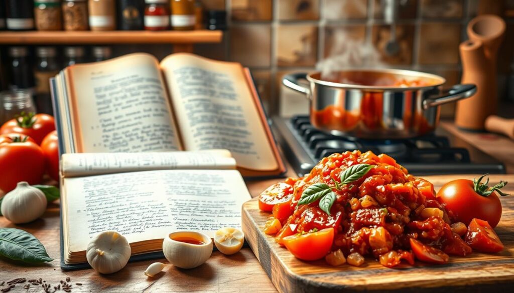 A vibrant scene depicting a rustic kitchen countertop showcasing a step-by-step spaghetti sauce recipe. In the foreground, a wooden cutting board with fresh, diced tomatoes, garlic cloves, and aromatic herbs like basil and oregano, ready for cooking. A pot simmering on a stove, filled with the rich, thick tomato sauce, bubbles gently. The middle layer features a well-worn cookbook open to a page titled "Spaghetti Sauce Recipe," with handwritten notes and illustrations. In the background, shelves stocked with neatly arranged spices and jars, warm light enhances the cozy, inviting atmosphere, reminiscent of a family kitchen. The composition should capture the essence of home-cooked meals, with soft shadows and a warm color palette, emphasizing the traditional and heartfelt nature of the dish. A vibrant scene depicting a rustic kitchen countertop showcasing a step-by-step spaghetti sauce recipe. In the foreground, a wooden cutting board with fresh, diced tomatoes, garlic cloves, and aromatic herbs like basil and oregano, ready for cooking. A pot simmering on a stove, filled with the rich, thick tomato sauce, bubbles gently. The middle layer features a well-worn cookbook open to a page titled "Spaghetti Sauce Recipe," with handwritten notes and illustrations. In the background, shelves stocked with neatly arranged spices and jars, warm light enhances the cozy, inviting atmosphere, reminiscent of a family kitchen. The composition should capture the essence of home-cooked meals, with soft shadows and a warm color palette, emphasizing the traditional and heartfelt nature of the dish.