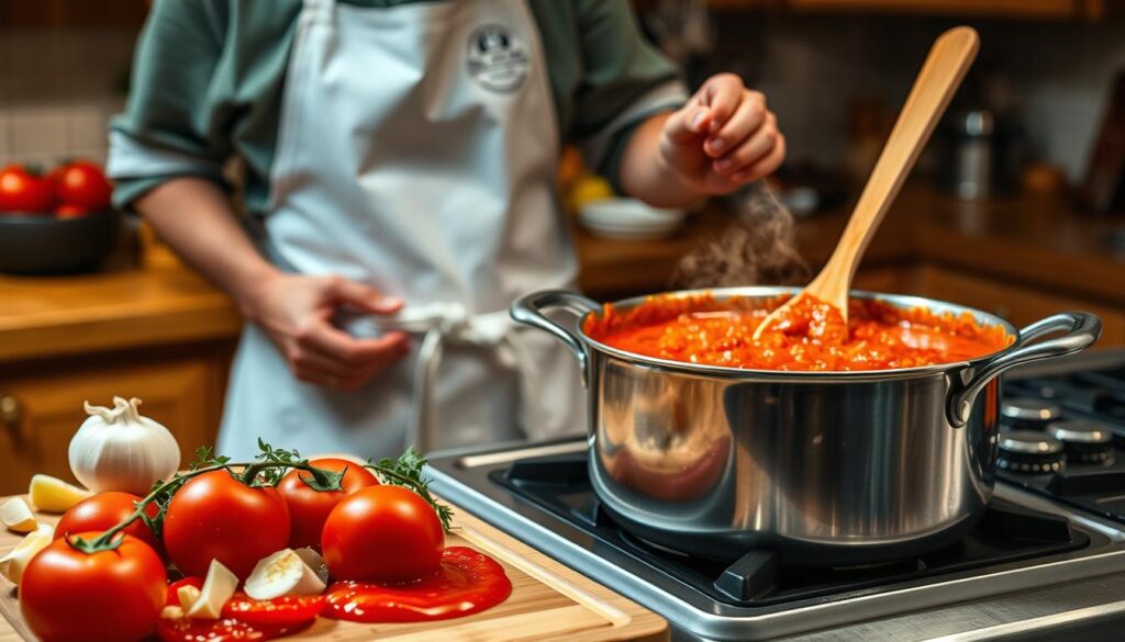 A vibrant scene depicting the process of making a rich, smooth tomato sauce for pasta. In the foreground, a wooden cutting board is filled with fresh, ripe tomatoes, chopped garlic, and fragrant herbs. A stainless steel pot simmers gently on a stove, releasing steam as the sauce cooks, showcasing its deep red color. The middle ground features a chef, dressed in a crisp white apron and modest casual attire, skillfully stirring the sauce with a wooden spoon, a look of concentration on their face. The background shows a cozy kitchen with rustic wood cabinets, warm lighting casting a golden hue over the scene, evoking a comforting atmosphere. The focus is sharp on the sauce while the background gently blurs, highlighting the cooking process.