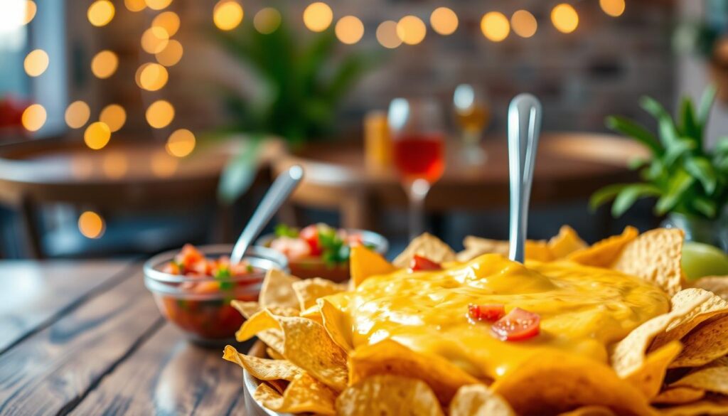 A vibrant scene featuring a delicious nacho platter set on a rustic wooden table. In the foreground, a bowl of rich, creamy cheese sauce, thick and gooey, is surrounded by colorful tortilla chips, perfectly arranged. Next to it, a fresh salsa bowl brimming with diced tomatoes, onions, cilantro, and a hint of lime, its vibrant reds, greens, and yellows contrasting beautifully. The middle ground is softly blurred to emphasize the cheese and salsa, with dipping utensils glinting under warm, inviting ambient lighting. In the background, a casual party setup with soft fairy lights creates a festive atmosphere, evoking a lively gathering. The overall mood is warm and inviting, perfect for a friendly celebration.