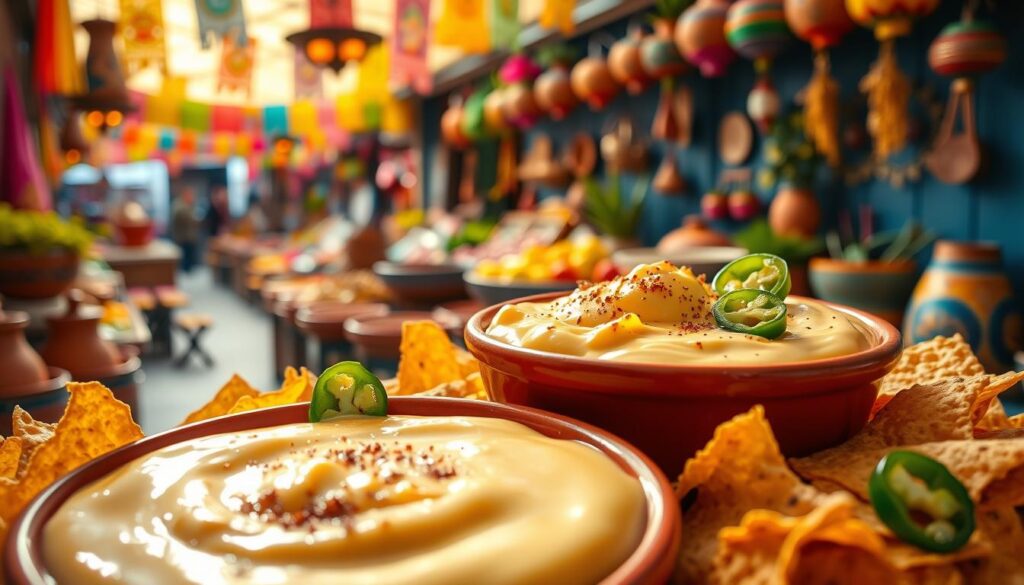 A vibrant scene in a traditional Mexican setting, showcasing a bowl of creamy cheese sauce with a rich cheddar flavor, garnished with jalapeños and spices. In the foreground, the dip is surrounded by crispy nachos, glistening with light. The middle ground features colorful decorations typical of Mexican culture, such as papel picado and terracotta dishes. The background reveals a lively marketplace with colorful stalls filled with fresh produce and local artisans. Bright, warm lighting casts a welcoming glow over the entire scene, creating a festive atmosphere. Use a close-up perspective to emphasize the cheese sauce's texture and the colorful elements surrounding it, evoking the spirit of Mexican cuisine. A vibrant scene in a traditional Mexican setting, showcasing a bowl of creamy cheese sauce with a rich cheddar flavor, garnished with jalapeños and spices. In the foreground, the dip is surrounded by crispy nachos, glistening with light. The middle ground features colorful decorations typical of Mexican culture, such as papel picado and terracotta dishes. The background reveals a lively marketplace with colorful stalls filled with fresh produce and local artisans. Bright, warm lighting casts a welcoming glow over the entire scene, creating a festive atmosphere. Use a close-up perspective to emphasize the cheese sauce's texture and the colorful elements surrounding it, evoking the spirit of Mexican cuisine.