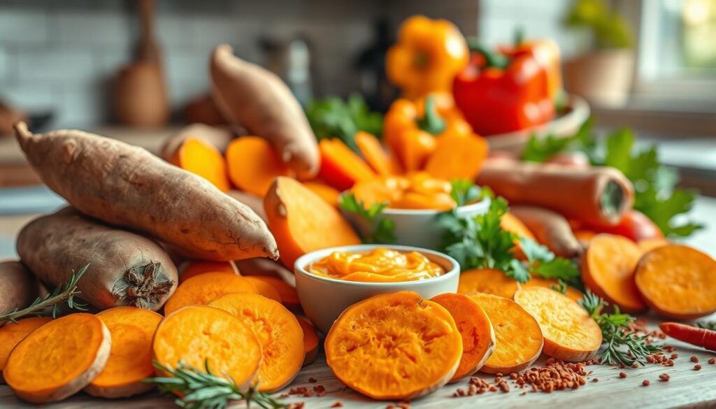 A vibrant still life composition featuring sweet potatoes, emphasizing their health benefits. In the foreground, a variety of whole and sliced bataty, displaying their rich orange flesh and unique skin textures. Surrounding the sweet potatoes are fresh herbs and spices commonly used in recipes, such as rosemary and paprika, creating an inviting, flavorful ambiance. In the middle ground, a small bowl of sweet potato fry dip, elegantly presented, surrounded by vibrant vegetables like bell peppers and sprigs of parsley. The background features a softly blurred kitchen setting, suggesting warmth and homeliness, with natural light streaming through a window, enhancing the earthy tones of the sweet potatoes. The overall mood is warm and inviting, evoking a sense of health and culinary exploration.