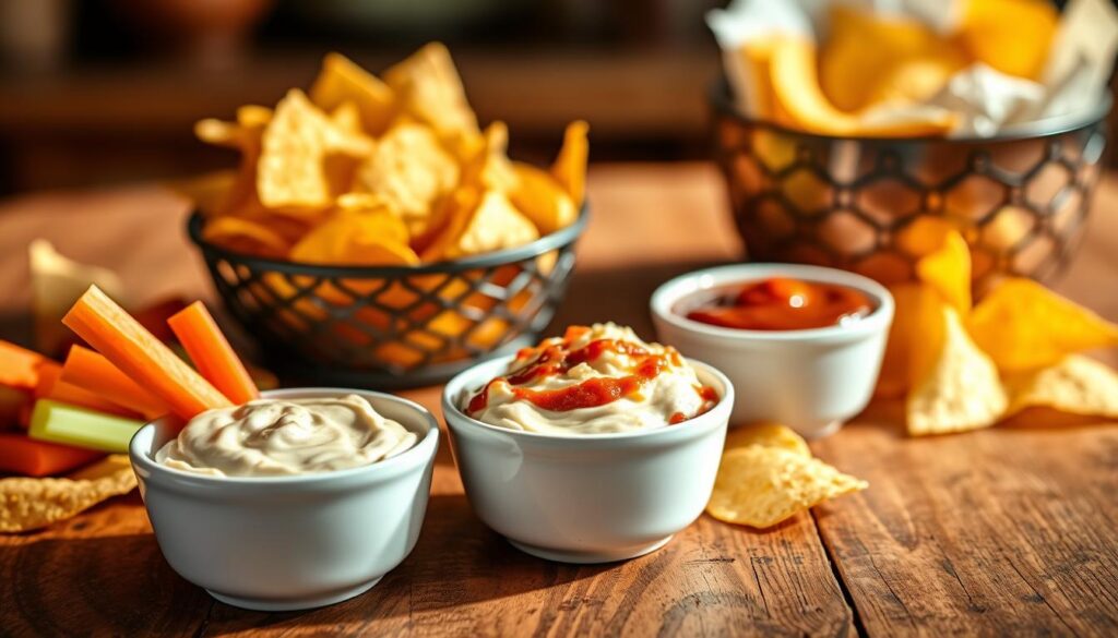 A vibrant still life featuring three small bowls of different chip dips: a creamy garlic dip, a rich cheese dip, and a smoky BBQ sauce, arranged artistically on a rustic wooden table. Include fresh vegetables like carrots and celery sticks elegantly placed next to the dips for contrast. The lighting is warm and inviting, casting gentle shadows that highlight the texture of the dips. In the background, soft-focus tortilla chips spill out of a stylish bowl, enhancing the atmosphere of a casual gathering. A cozy kitchen setting is subtly hinted at with blurred outlines of kitchenware, creating an inviting mood perfect for a party. The composition should convey warmth and togetherness, emphasizing the enjoyment of sharing delicious dips with friends. A vibrant still life featuring three small bowls of different chip dips: a creamy garlic dip, a rich cheese dip, and a smoky BBQ sauce, arranged artistically on a rustic wooden table. Include fresh vegetables like carrots and celery sticks elegantly placed next to the dips for contrast. The lighting is warm and inviting, casting gentle shadows that highlight the texture of the dips. In the background, soft-focus tortilla chips spill out of a stylish bowl, enhancing the atmosphere of a casual gathering. A cozy kitchen setting is subtly hinted at with blurred outlines of kitchenware, creating an inviting mood perfect for a party. The composition should convey warmth and togetherness, emphasizing the enjoyment of sharing delicious dips with friends.