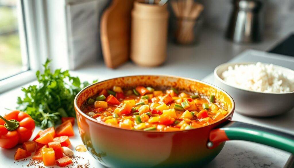A vibrant vegetarian sauce, rich in color and texture, is the focal point of the image. The sauce is made from fresh chopped vegetables like bell peppers, carrots, and green beans, simmering in a colorful pan on a modern kitchen countertop. Surrounding the pan are fresh herbs, a drizzle of olive oil, and spices like paprika and garlic, adding to the preparation scene. Soft, natural lighting illuminates the workspace, creating a warm and inviting atmosphere. In the background, blurred kitchen utensils and a bowl of steaming rice subtly hint at the sauce's ideal pairing, providing a cozy and homely feel. The camera angle is slightly above, capturing the delightful colors, inviting viewers to imagine the delicious flavors of this quick veggie sauce alternative.
