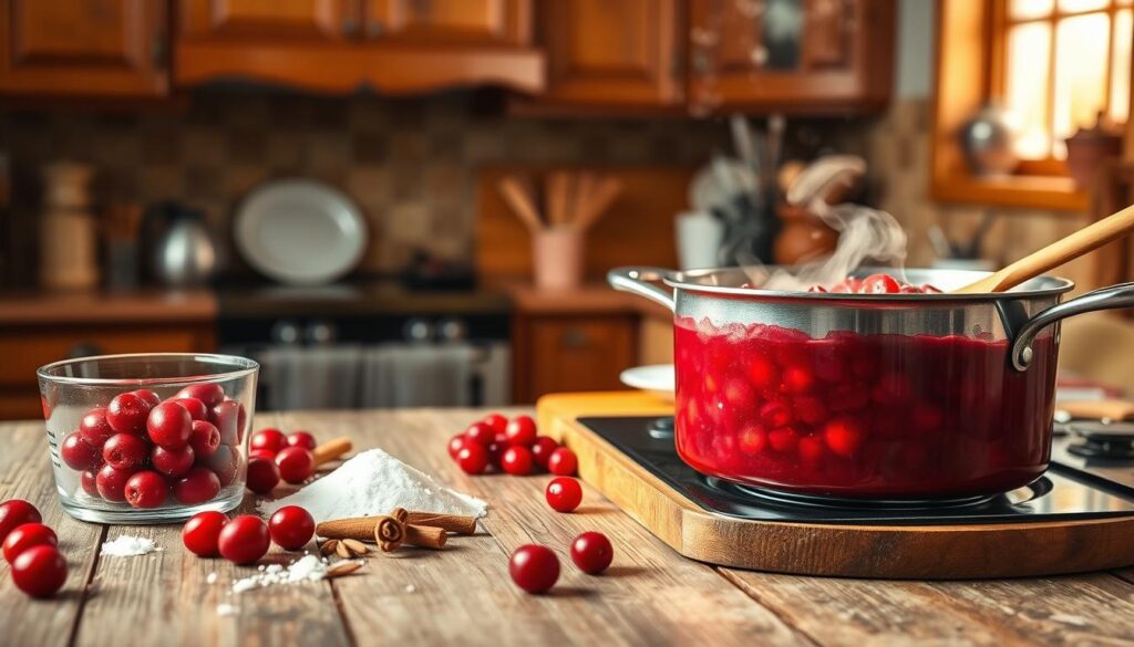 A visually appealing and instructional image depicting the step-by-step process of making cranberry sauce for meat. In the foreground, a rustic wooden table features vibrant, fresh cranberries, a measuring cup of sugar, and an assortment of spices like cinnamon and cloves. The middle area shows a pot on the stovetop with bubbling cranberry mixture, steam rising in soft, warm light. Scattered utensils and a wooden spoon hint at preparation in progress. The background reveals a softly lit kitchen setting, with warm wooden cabinets and a window letting in natural light, evoking a cozy cooking atmosphere. The overall mood is inviting and homey, capturing the essence of cooking a delicious, sweet-tart sauce suitable for poultry dishes. A visually appealing and instructional image depicting the step-by-step process of making cranberry sauce for meat. In the foreground, a rustic wooden table features vibrant, fresh cranberries, a measuring cup of sugar, and an assortment of spices like cinnamon and cloves. The middle area shows a pot on the stovetop with bubbling cranberry mixture, steam rising in soft, warm light. Scattered utensils and a wooden spoon hint at preparation in progress. The background reveals a softly lit kitchen setting, with warm wooden cabinets and a window letting in natural light, evoking a cozy cooking atmosphere. The overall mood is inviting and homey, capturing the essence of cooking a delicious, sweet-tart sauce suitable for poultry dishes.