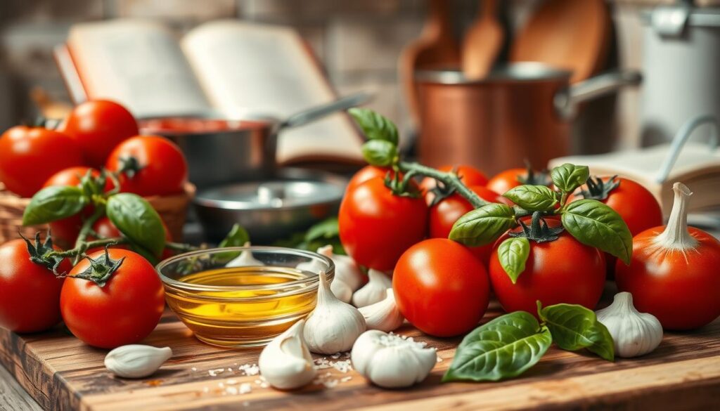 A visually appealing arrangement of ingredients for spaghetti sauce, featuring vibrant red ripe tomatoes, cloves of garlic, fresh basil leaves, a small bowl of olive oil, and a sprinkle of salt. The foreground shows a wooden cutting board with these fresh ingredients artistically placed. In the middle area, a rustic kitchen background includes a pot simmering on the stove with tomato sauce, and an open cookbook propped up for reference. Soft, warm lighting fills the scene, creating a cozy atmosphere, while the focus is sharp on the ingredients at the forefront, softly blurring the background to draw attention to the vivid colors and textures of the produce. The image conveys a sense of home cooking and warmth.