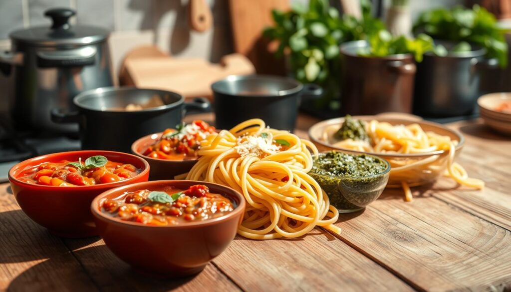 A visually appealing arrangement of popular pasta sauces displayed on a rustic wooden table. In the foreground, vibrant bowls contain rich tomato sauce, creamy Alfredo sauce, and bright pesto, garnished with fresh basil and grated cheese. The middle section features an elegant set of pasta, perhaps fettuccine and spaghetti, intertwined with drizzles of each sauce. In the background, a softly blurred kitchen setting with pots and herbs enhances the culinary atmosphere. Bright, natural lighting creates a warm and inviting mood, emphasizing the textures and colors of the sauces. Use a shallow depth of field to focus on the sauces, giving a sense of intimacy to the scene. The composition should invite viewers to savor the variety and richness of these popular pasta sauces. A visually appealing arrangement of popular pasta sauces displayed on a rustic wooden table. In the foreground, vibrant bowls contain rich tomato sauce, creamy Alfredo sauce, and bright pesto, garnished with fresh basil and grated cheese. The middle section features an elegant set of pasta, perhaps fettuccine and spaghetti, intertwined with drizzles of each sauce. In the background, a softly blurred kitchen setting with pots and herbs enhances the culinary atmosphere. Bright, natural lighting creates a warm and inviting mood, emphasizing the textures and colors of the sauces. Use a shallow depth of field to focus on the sauces, giving a sense of intimacy to the scene. The composition should invite viewers to savor the variety and richness of these popular pasta sauces.