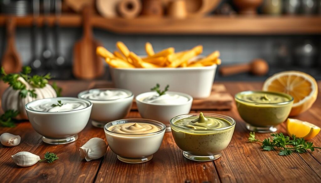 A visually appealing composition showcasing alternative versions of garlic sauce. In the foreground, a rustic wooden table holds three small, elegant bowls filled with different types of garlic sauces: one creamy and thick, made with yogurt; another smooth, rich mayo-based sauce; and a vibrant green herbal garlic sauce. Surrounding the bowls are fresh garlic cloves, sprigs of parsley, and slices of lemon for garnish. In the middle ground, there are crispy golden fries presented in a white ceramic dish, invitingly arranged. Soft, warm ambient lighting enhances the textures and colors, creating a cozy atmosphere. The background features a blurred kitchen setting with wooden shelves displaying various kitchen utensils. Aim for a warm, inviting mood that reflects the culinary theme.