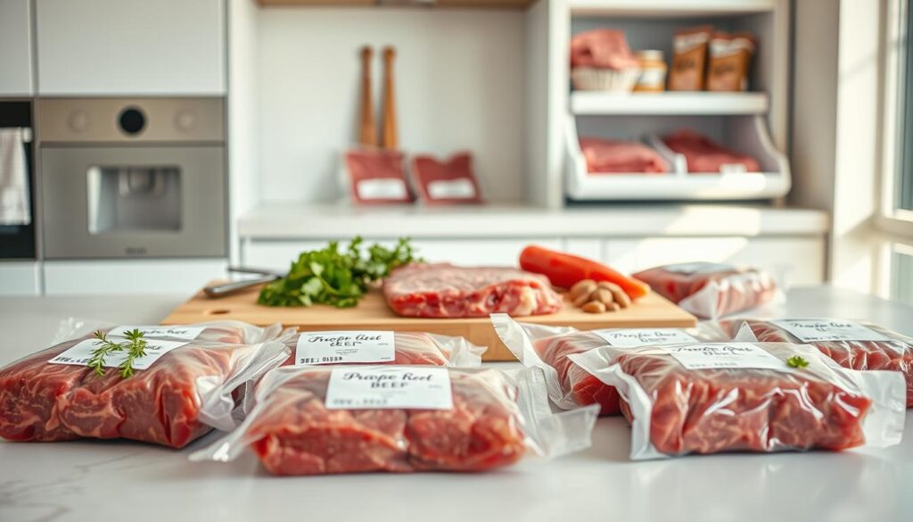 A visually appealing composition showcasing various cuts of frozen beef in a modern kitchen setting. In the foreground, several neatly vacuum-sealed packs of frozen beef are arranged on a clean countertop, emphasizing their freshness. The middle ground features a stylish cutting board with herbs and spices, hinting at the preparation of beef dishes. In the background, a well-organized freezer is slightly open, revealing more frozen meat products with clear labeling. The lighting is bright and natural, creating a fresh and inviting atmosphere, suggesting a sense of cleanliness and proper food storage practices. The angle is slightly elevated, providing a clear view of the contents and details, without any text or distractions in the image. A visually appealing composition showcasing various cuts of frozen beef in a modern kitchen setting. In the foreground, several neatly vacuum-sealed packs of frozen beef are arranged on a clean countertop, emphasizing their freshness. The middle ground features a stylish cutting board with herbs and spices, hinting at the preparation of beef dishes. In the background, a well-organized freezer is slightly open, revealing more frozen meat products with clear labeling. The lighting is bright and natural, creating a fresh and inviting atmosphere, suggesting a sense of cleanliness and proper food storage practices. The angle is slightly elevated, providing a clear view of the contents and details, without any text or distractions in the image.