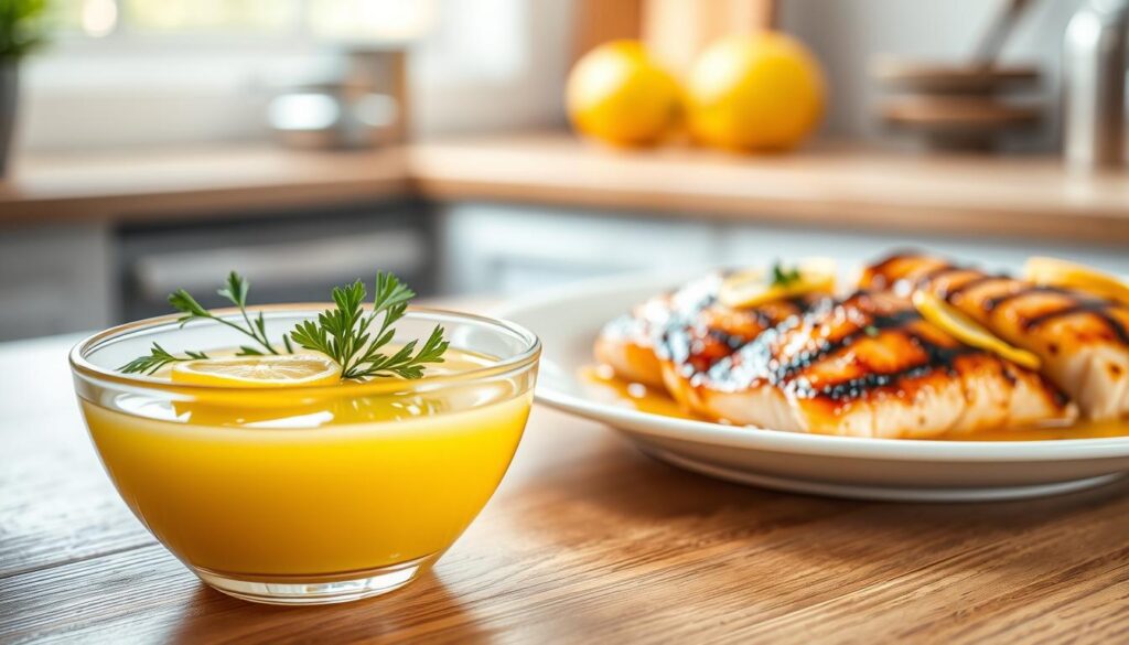 A visually appealing image of a bright, zesty lemon sauce specifically designed for fish dishes. In the foreground, a clear glass bowl filled with the golden yellow lemon sauce, garnished with fresh sprigs of parsley and thin lemon slices. The bowl is elegantly placed on a wooden table, showcasing the rich texture of the sauce. In the middle ground, delicate fillets of grilled fish, such as salmon and cod, artfully arranged on a white ceramic plate, glistening with the lemon sauce drizzled over them. The background features a softly blurred kitchen setting with natural light streaming in, creating a warm and inviting atmosphere. The overall mood conveys a sense of sophistication and culinary delight, perfect for upscale dining experiences.