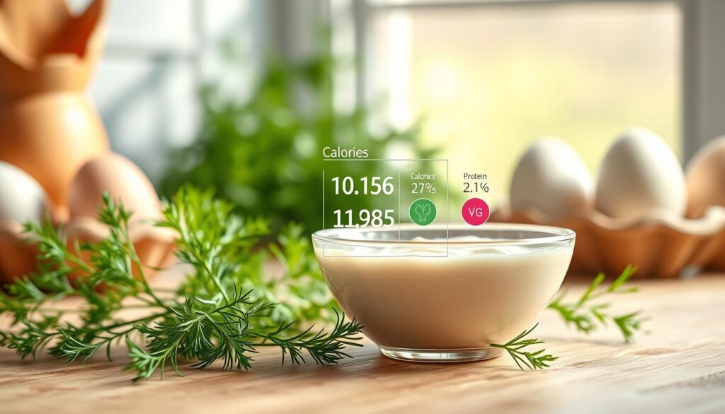 A visually appealing, informative illustration of the nutritional values of dill sauce. In the foreground, a delicate bowl of creamy dill sauce sits elegantly with fresh dill sprigs artistically arranged around it. In the middle, detailed infographics with vibrant icons display key nutritional components like calories, fats, protein, and vitamins, emphasizing the healthy aspects of the sauce. The background features a softly blurred, rustic kitchen setting, with pastel-colored egg dishes that evoke a festive Easter atmosphere. The lighting is warm and inviting, simulating a cozy midday sun filtering through a window, casting gentle shadows that enhance the textures in the image. The overall mood is cheerful and engaging, meant to draw the viewer's eye and highlight the nutritional benefits of the dish without any text or additional distractions.