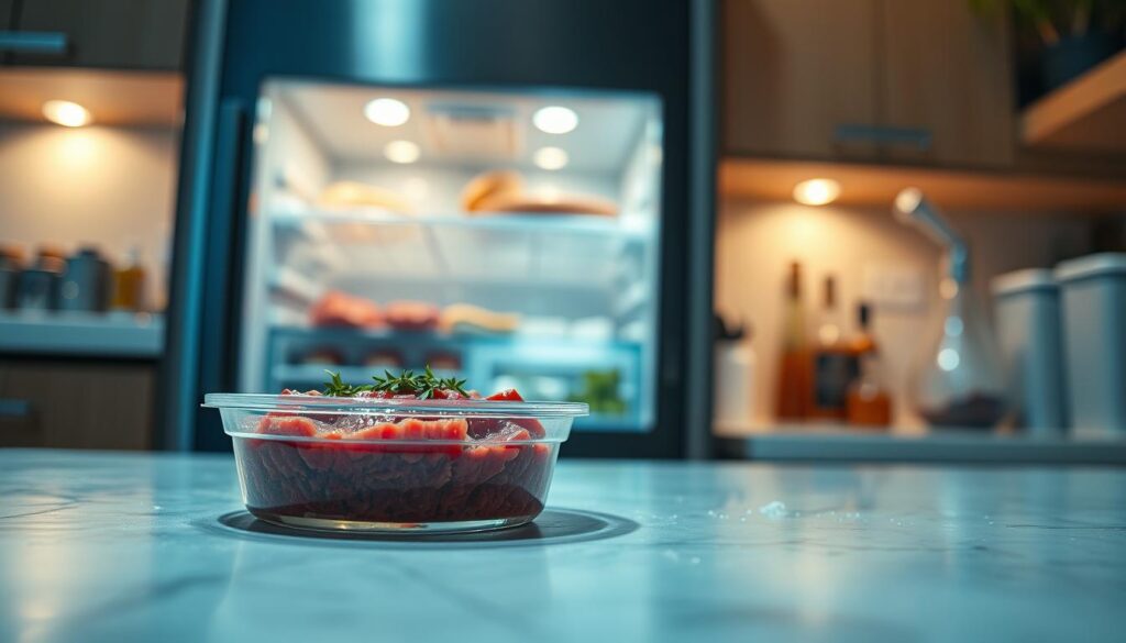 A visually appealing kitchen scene focused on a container of beef tartare being placed inside a modern freezer. In the foreground, highlight the sleek, transparent container with fresh tartare, garnished with a sprinkle of herbs. In the middle, showcase the modern freezer door opening, revealing ice crystals and frost, enhancing the cold atmosphere. In the background, softly lit kitchen elements like a countertop with utensils and spices, subtly indicating food preparation. Use cool blue lighting to evoke a sense of freshness and preservation, capturing the essence of food safety. The angle should be slightly tilted for a dynamic composition, making the viewer feel engaged in the freezing process.