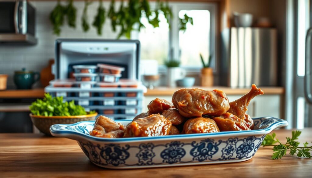 A visually appealing kitchen scene showcasing fresh chicken liver in a stylish blue and white ceramic dish, prominently placed in the foreground. In the middle ground, an open freezer is visible, displaying neatly organized containers of chicken liver, some labeled with dates to indicate freezing time. The background features a well-lit kitchen with modern appliances and fresh herbs hanging, creating a warm, inviting atmosphere. Soft, natural lighting filters through a nearby window, highlighting the rich texture of the liver and the freshness of the surrounding environment. The focus is sharp on the liver, with a shallow depth of field blurring the background slightly, enhancing the overall aesthetic while maintaining professionalism.