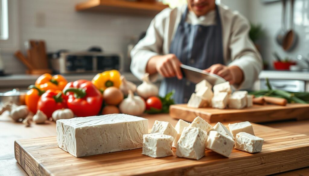 A visually appealing kitchen scene showcasing the benefits of freezing tofu. In the foreground, a block of frozen tofu is placed on a wooden cutting board, its texture visibly altered to resemble meat-like firmness. Next to it, a chef gently slicing the thawed tofu into cubes, in modest casual clothing, radiates warmth and expertise. In the middle background, an array of colorful vegetables and spices, like bell peppers, garlic, and ginger, are artfully arranged, symbolizing flavorful seasoning options. Soft natural lighting enhances the inviting atmosphere, with sunlight streaming through a nearby window, casting a gentle glow on the ingredients. The composition should evoke a sense of culinary creativity and healthy eating, emphasizing the transformative qualities of freezing tofu.