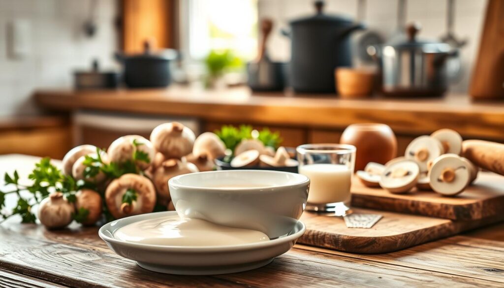 A visually appealing kitchen scene showcasing the best cream suitable for mushroom sauce. In the foreground, a pristine white ceramic bowl filled with thick, rich cream glistens under soft, warm lighting. Fresh mushrooms and sprigs of parsley are artfully arranged around the bowl, adding an earthy touch. In the middle ground, a wooden cutting board displays sliced mushrooms and a small glass of measured cream, highlighting the preparation process. The background features a blurred kitchen setup with rustic wooden cabinets and pots, creating a cozy, inviting atmosphere. The overall mood is warm and homely, evoking a sense of culinary creativity and comfort. The image should have a soft-focus lens effect to enhance the depth, with natural light illuminating the scene for a fresh look.