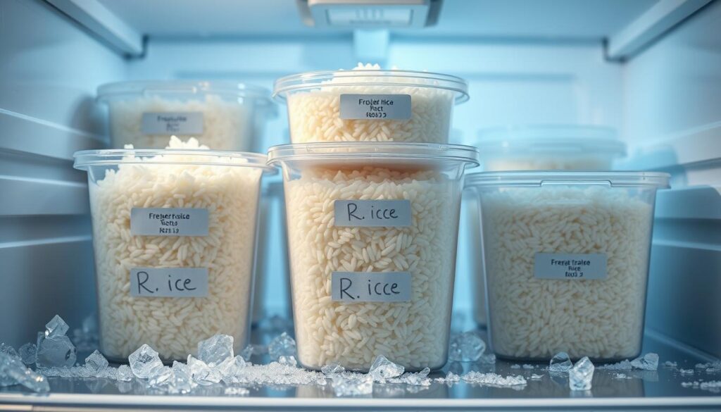 A visually appealing still life of frozen rice storage, focusing on a neatly organized section of a freezer. In the foreground, showcase transparent containers filled with perfectly portioned and frozen cooked rice, clearly labeled for easy identification. The middle layer features ice crystals forming around the containers, emphasizing their frozen state. In the background, the interior of the freezer should be slightly illuminated with soft, cool lighting to create a serene and organized atmosphere. Use a shallow depth of field to draw attention to the rice containers while softly blurring the background details. The overall mood should be calm and inviting, highlighting the practicality and ease of storing frozen rice.