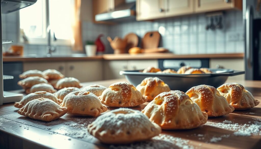 A visually compelling kitchen scene featuring an array of frozen pastries—paszteciki—laid out on a kitchen counter. In the foreground, focus on a slightly open freezer revealing visibly frosted, misshapen pastries, hinting at common freezing problems such as ice crystals and uneven shapes. In the middle, include a pan with a few thawed pastries, showcasing their inconsistent textures and slight sogginess. The background features a well-lit kitchen with warm, natural light streaming through a window, creating a cozy atmosphere. The overall mood reflects a sense of challenge and concern, with shadows adding depth to the setting. Use a slightly elevated angle to capture all elements harmoniously.