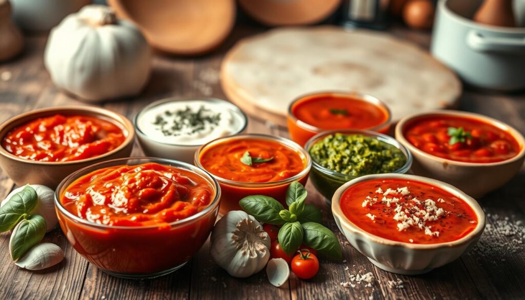 A visually enticing arrangement of various creative pizza sauces beautifully displayed on a rustic wooden table. In the foreground, there are enticing bowls filled with vibrant sauces: a rich, deep red tomato sauce, a creamy white sauce sprinkled with herbs, a pesto with vibrant green hues, and a spicy arrabbiata with visible chili flakes. In the middle ground, coarse textures of fresh ingredients like garlic, basil leaves, and grated cheese create a lively composition. The background features a softly lit kitchen ambiance with subtle hints of a pizza stone and fresh dough. The lighting is warm, highlighting the sauces and evoking a cozy, inviting atmosphere. The image captures the adventurous and delicious spirit of exploring sauce combinations for pizza.