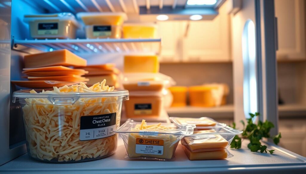 A visually inviting kitchen scene featuring a well-organized freezer with shelves full of neatly packaged cheese, including both slices and shredded varieties. In the foreground, a clear plastic container filled with shredded cheese is placed alongside vacuum-sealed packets of cheese slices, all labeled for easy identification. The middle ground showcases a bright, open freezer door, with frosty edges and a soft glow emanating from interior LED lights, highlighting the texture of the cheese. In the background, a cozy kitchen ambiance with light wood cabinetry and a hint of fresh herbs on the counter adds warmth. The overall mood is practical yet inviting, emphasizing the idea of efficient cheese storage in a household setting. The image is well-lit with soft natural light, capturing the details of the cheese and freezer contents.
