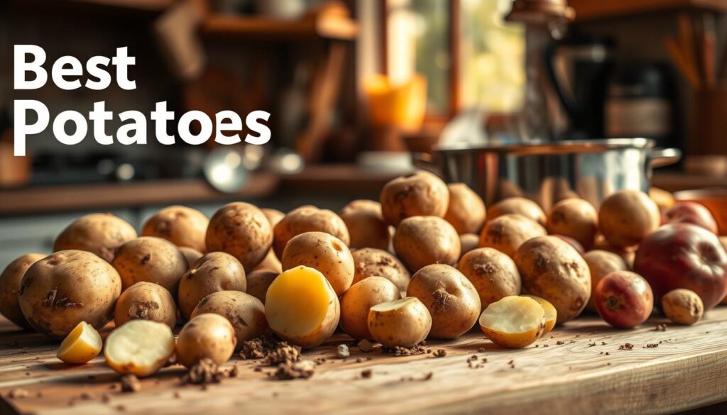 A visually striking arrangement of the best potatoes for cooking, prominently featuring a variety of types like Yukon Gold, Russet, and red potatoes. In the foreground, display a rustic wooden cutting board with a few unpeeled potatoes scattered around, some with earthy soil still clinging to their skins. In the middle ground, a pot of boiling water with steam rising, reflecting the idea of cooking. The background should be a cozy kitchen scene with warm, natural light streaming in through a window, casting soft shadows. Use a shallow depth of field to keep the focus on the potatoes while blurring the kitchen elements slightly. The overall mood should be inviting and homey, evoking a sense of comfort and the joy of home cooking. A visually striking arrangement of the best potatoes for cooking, prominently featuring a variety of types like Yukon Gold, Russet, and red potatoes. In the foreground, display a rustic wooden cutting board with a few unpeeled potatoes scattered around, some with earthy soil still clinging to their skins. In the middle ground, a pot of boiling water with steam rising, reflecting the idea of cooking. The background should be a cozy kitchen scene with warm, natural light streaming in through a window, casting soft shadows. Use a shallow depth of field to keep the focus on the potatoes while blurring the kitchen elements slightly. The overall mood should be inviting and homey, evoking a sense of comfort and the joy of home cooking.