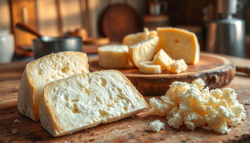 A visually striking image showcasing oscypek cheese undergoing a transformation in texture after being thawed from freezing. In the foreground, display slices of oscillating textures, highlighting the contrasting creamy and crumbly sections of the cheese. In the middle ground, arrange a rustic wooden board with some intact oscypek beside the sliced pieces, emphasizing the change in consistency. The background features a charming, warm kitchen setting with soft lighting that casts gentle shadows, enhancing the mood of home cooking and traditional practices. Use a close-up angle to focus on the details of the cheese's surface, capturing its sheen and texture variation. Create an inviting and informative atmosphere that reflects the culinary journey of this beloved cheese.