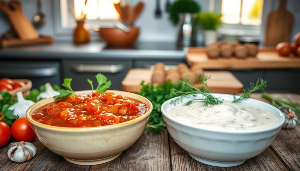 A warm and inviting kitchen scene showcasing two bowls of sauces for meatballs—one rich, tomato-based sauce with fresh basil, and the other a creamy dill sauce adorned with sprigs of fresh dill. In the foreground, place the bowls on a rustic wooden table, surrounded by fresh ingredients like tomatoes, garlic, dill, and meatballs. In the middle ground, depict a well-organized countertop with cooking utensils and a subtle hint of a chopping board. The background should feature soft, warm light filtering through a window, creating a cozy atmosphere. Use a shallow depth of field to focus on the sauces, emphasizing their textures and colors. Aim for a homely, appetizing feel that invites the viewer to explore the art of making these classic sauces.