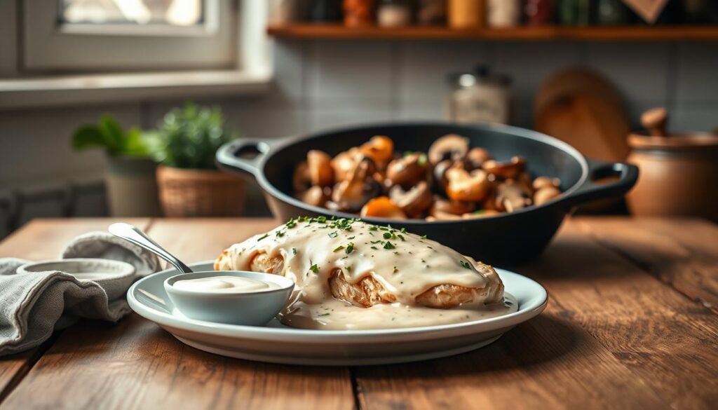 A warm and inviting kitchen setting showcasing a beautifully plated dish featuring creamy mushroom sauce (sos pieczarkowy) poured generously over tender chicken breast with fresh herbs sprinkled on top. In the foreground, a rustic wooden table displays a small bowl of white sour cream, along with a spoon for serving. In the middle, a cast-iron skillet with sautéed mushrooms and onions provides an organic feel, highlighting the ingredients. Soft, natural lighting streams through a nearby window, casting gentle shadows and warm reflections on the surface. Against the background, a shelf filled with various cooking spices and herbs adds depth. The overall mood is cozy and homey, perfect for illustrating a comforting meal.