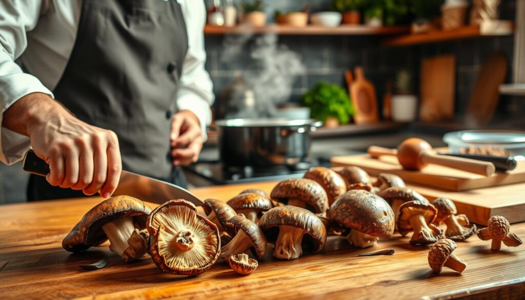 A warm kitchen setting featuring a wooden table adorned with fresh porcini mushrooms (prawdziwki) being prepared for cooking. In the foreground, a chef in neat, professional attire is gently slicing the mushrooms with a sharp knife, showcasing their rich, earthy colors and textures. In the middle background, pots of simmering water are on the stove, steam rising, with various kitchen tools like a wooden spoon and a cutting board visible. Soft, diffused lighting creates a cozy atmosphere, highlighting the glistening mushrooms and kitchen utensils. The background displays shelves filled with herbs and spices, enhancing the culinary theme, with natural light streaming in through a nearby window, casting gentle shadows that evoke a sense of warmth and homecooked comfort. A warm kitchen setting featuring a wooden table adorned with fresh porcini mushrooms (prawdziwki) being prepared for cooking. In the foreground, a chef in neat, professional attire is gently slicing the mushrooms with a sharp knife, showcasing their rich, earthy colors and textures. In the middle background, pots of simmering water are on the stove, steam rising, with various kitchen tools like a wooden spoon and a cutting board visible. Soft, diffused lighting creates a cozy atmosphere, highlighting the glistening mushrooms and kitchen utensils. The background displays shelves filled with herbs and spices, enhancing the culinary theme, with natural light streaming in through a nearby window, casting gentle shadows that evoke a sense of warmth and homecooked comfort.