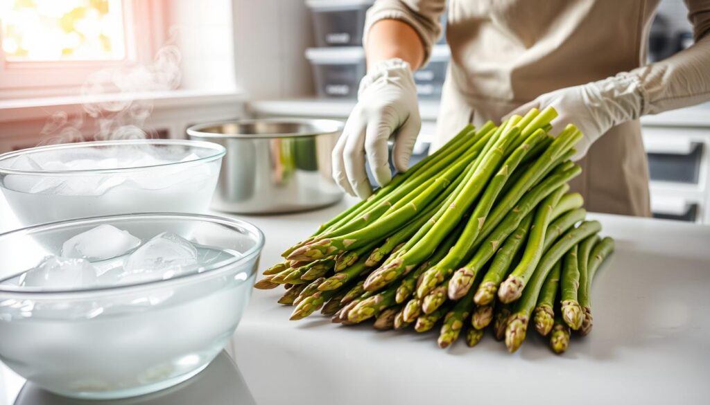 A well-lit kitchen countertop features vibrant, freshly harvested green asparagus spears arranged neatly. In the foreground, a bowl of ice water and a pot of boiling water showcase the blanching process, with steam rising gently. In the middle ground, a pair of hands, wearing food-safe gloves and a modest apron, carefully blanches the asparagus, ensuring the colors remain bright and fresh. To the background, a freezer with clear containers labeled “Asparagus” is visible, indicating proper storage. Soft, natural light streams through a nearby window, creating a warm and inviting atmosphere. The composition is bright and clean, evoking a sense of warmth, freshness, and the joy of cooking.