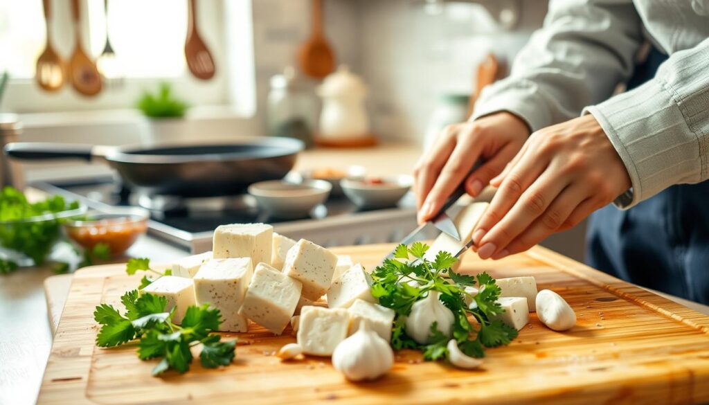 A well-lit kitchen scene featuring a cutting board with thawed tofu being prepared for cooking. In the foreground, hands in modest cooking attire are slicing the tofu into cubes, showcasing its spongy texture. On the cutting board, there are also fresh herbs like cilantro and garlic, placed deliberately to suggest seasoning. In the middle ground, a frying pan can be seen on a stove, alongside various bowls containing spices and sauces ready for use. The background features soft-focus kitchen elements like utensils hanging on a rack and a window with natural daylight streaming in, creating a warm and inviting atmosphere. The overall mood is encouraging and vibrant, emphasizing healthy meal preparation.