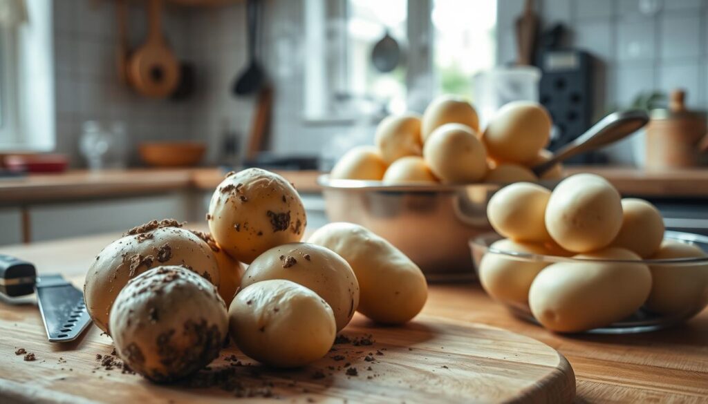 A well-lit kitchen scene focusing on the preparation of potatoes for cooking. In the foreground, a wooden cutting board displays several unpeeled, dirt-covered potatoes, alongside a sharp knife and a peeler. In the middle ground, a bowl of clean, peeled potatoes sits ready for boiling, showcasing their shiny, light-colored skin. On the counter, a pot of water is steaming gently, hinting at the cooking process ahead. The background features softly blurred kitchen elements, like cooking utensils hanging and a window with natural light streaming in, creating a warm and inviting atmosphere. The overall mood is one of simplicity and home cooking, emphasizing freshness and readiness. A well-lit kitchen scene focusing on the preparation of potatoes for cooking. In the foreground, a wooden cutting board displays several unpeeled, dirt-covered potatoes, alongside a sharp knife and a peeler. In the middle ground, a bowl of clean, peeled potatoes sits ready for boiling, showcasing their shiny, light-colored skin. On the counter, a pot of water is steaming gently, hinting at the cooking process ahead. The background features softly blurred kitchen elements, like cooking utensils hanging and a window with natural light streaming in, creating a warm and inviting atmosphere. The overall mood is one of simplicity and home cooking, emphasizing freshness and readiness.
